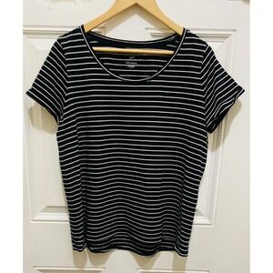 J Jill Everyday‎ Cotton Tee Top, Black White Striped Short Sleeve Crew Neck